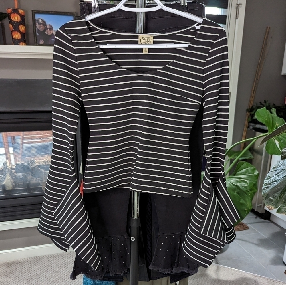 Torn by Ronny Kobo flare sleeve black & white striped top